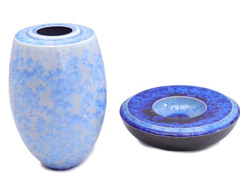 Monogram FMJ, ceramic decorative vase with blue ice flower decoration, 23.5 cm high, 14 cm diameter and signed J. Brieget, ce