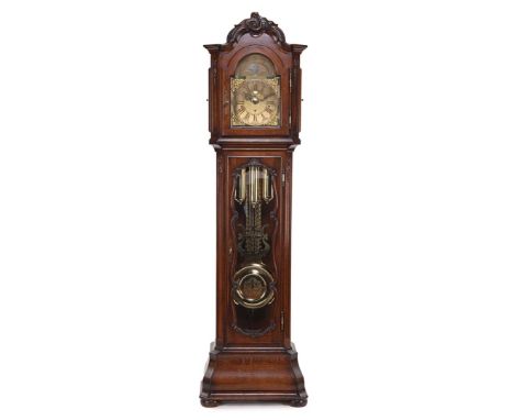 Longcase clock with copper dial with moon phase, in oak case with facet-cut windows, with harp pendulum, late 20th century, 2