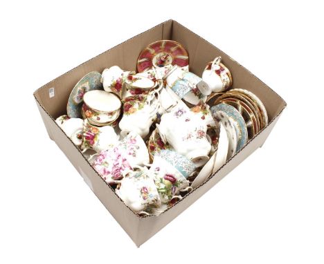 Box with classic porcelain cups and saucers, cake plates and cream sets including Royal Albert