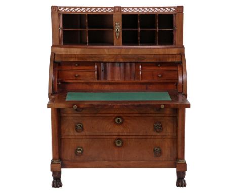 Mahogany veneer on oak 2-part cylinder desk with 2-door upstand with roller shutter doors, openwork gates, 4 drawers in nest,