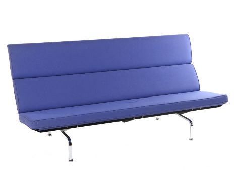 Charles & Ray EamesPurple upholstered 2.5-seater sofa standing on chromed and blackened metal base, design Charles & Ray Eame