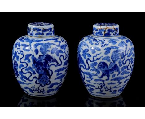 2 porcelain ginger jars with blue decoration of temple lions, Kangxi marked, China early 19th century, 14 cm high (both lids 