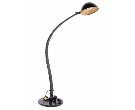 Elio Martinelli (1921-2004)Black adjustable floor lamp with round aluminum shade, plastic flexible arm and standing on metal 