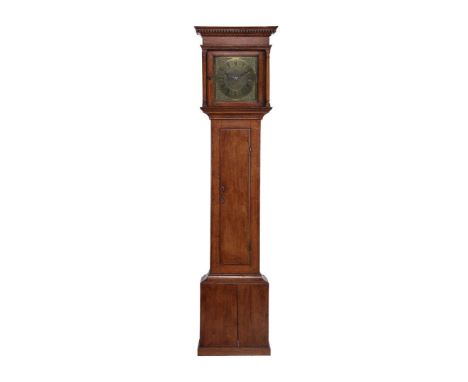 Longcase clock, timepiece with brass dial, marked Stockford Thame, in oak case, hood decorated with block edge and full colum