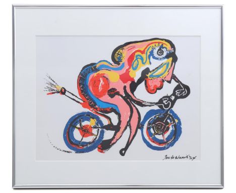 Jan te  Wierik (1954-2002)Modern composition of figure on motorcycle, color lithograph 1996, 33x43 cm