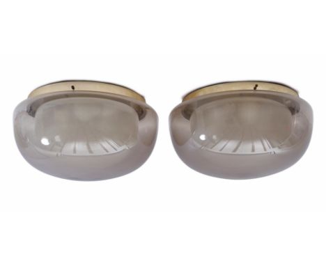 2 glass 3-light ceiling lamps with double shade, the inner shade with bubble glass, numbered '9597', probably West Germany ca