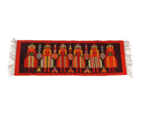 Hand-knotted woolen wall tapestry with decoration of figures, designer M. Domanska, 150x51 cm