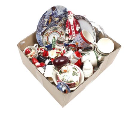 Box of various Christmas items including Hutschenreuther tableware and balls, Spode cups and saucers, Vic's and statues
