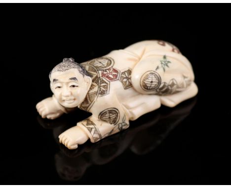 Ivory netsuke of reclining man, signed, with EU certificate 24NL326096/20, Japan Taisho period ca. 1920, 4x1.8 cm (sales only