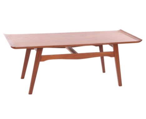 Teak veneer coffee table, 47 cm high and top size 128x47 cm (bottom shelf missing, veneer missing from sides)