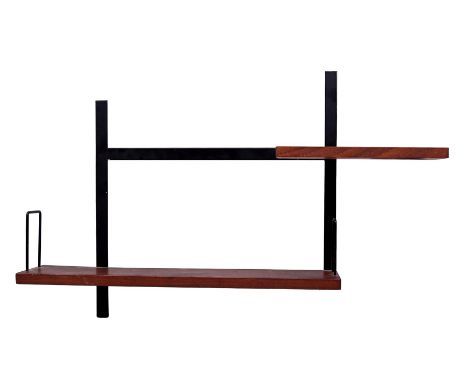 Blackened metal wall rack with teak and wenge wood shelf, executed by Brovorm Haarlem, marked on the back with a sticker and 