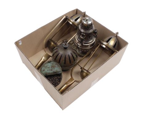Box with 2 copper procession lamps without stem, silver-plated incense lamp and copper incense burner with bowl of incense gr