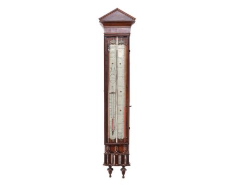 Mahogany on oak box barometer with tympanum cap, barometer, counterplate and thermometer, Holland ca. 1800, 117 cm high, 26 c