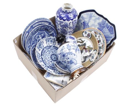 Box with Dutch porcelain and earthenware dishes with oriental decor, vase lamp and lidded vase and Boch Belgium earthenware w