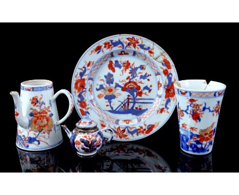 Imari porcelain dish, chocolate pot, vase and teapot, China Kangxi to Qianlong period 18th century, highest 13 cm high (vario