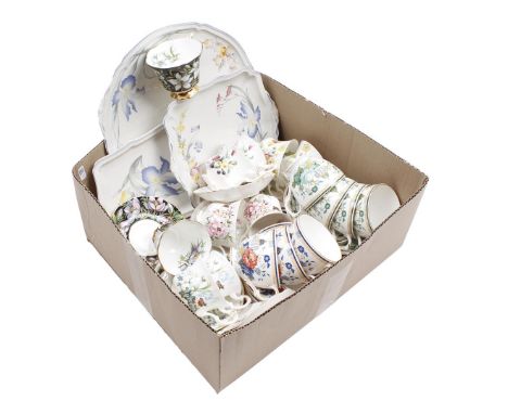 Box with Royal Albert porcelain cups and saucers with various decors, Staffordshire porcelain cups and saucers and Villeroy &
