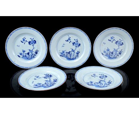 5 porcelain dishes with blue decoration of bird on rock at garden gate and flowers, China Qianlong period ca. 1760, 23 cm dia