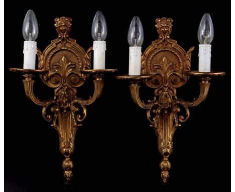 2 brass 2-light wall chandeliers with beautiful decoration, 41 cm high