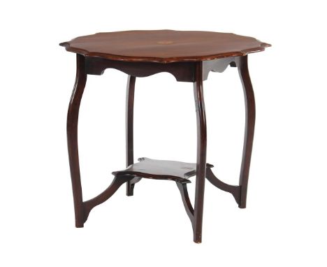 Mahogany side table with contoured top with marquetry and shelf, standing on shortened legs, 57 cm high, top 65 cm diameter