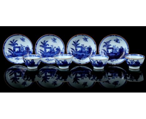 4 porcelain cups and saucers with blue decoration of man at altar with flower vase with butterfly in the air, marked, China K