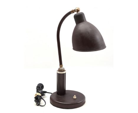 Bauhaus brown metal adjustable desk lamp with octagonal bakelite stem, design Christian Dell, executed by Molitor, model 'Gra