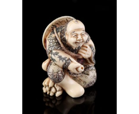 Ivory netsuke of man with pipe and jingasa on back, signed, with EU certificate 24NL326115/20, Japan Taisho period ca. 1920, 