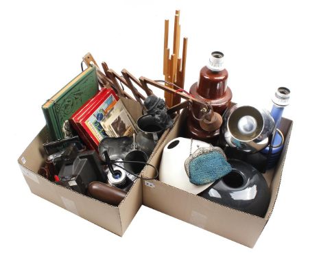 2 boxes with tin, stamp sets, Voigtländer, Nettar and Polaroid cameras, earthenware table lamp bases, glass vase, wooden art 