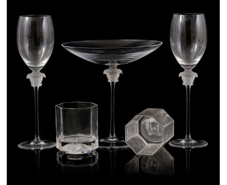 Rosenthal Versace Medusa glass lot consisting of 2 wine glasses, 2 cognac glasses and a serving tray