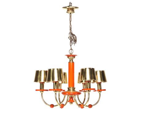 Brass 6-light pendant lamp with brown plastic elements, approx. 100 cm high, 69 cm diameter