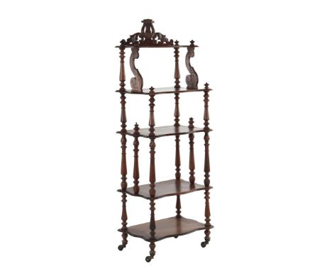 Walnut-coloured 5-shelf wall tiered stand with crest containing a lyre-shaped decoration, 150 cm high, 35 cm wide, 50 cm deep