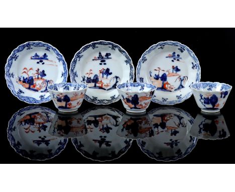 3 contoured Imari cups and saucers with landscape decoration, China Qianlong period ca. 1740 (fitting/chips, 1 saucer with ha