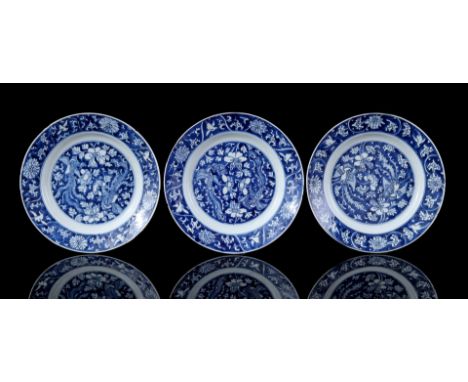 3 porcelain dishes with blue floral decor and 2 phoenixes in the heart and surrounding chrysanthemums and doves, marked with 