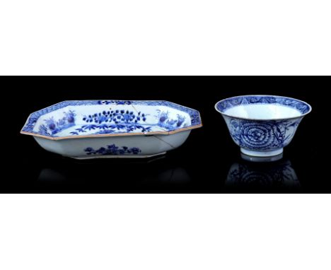 Porcelain octagonal bowl with blue decoration of pine and bamboo, China Qianlong period ca. 1750, 7 cm high, 34x26 cm (clampe