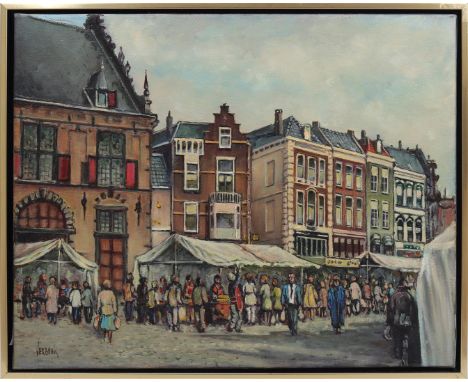 Signed Verbeek, cityscape with market, canvas 40x50 cm