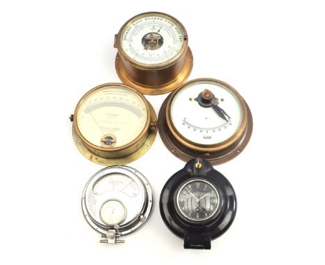 5 geometric devices including Schatz brass ship barometer, 16 cm diameter, chrome oscillometer and manometer and Chauvin &amp