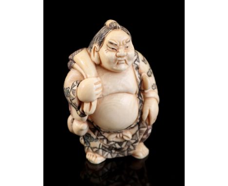 Ivory netsuke of an oriental man with gourd drinking bottle and sword, signed, with EU certificate 24NL326105/20, Japan Taish