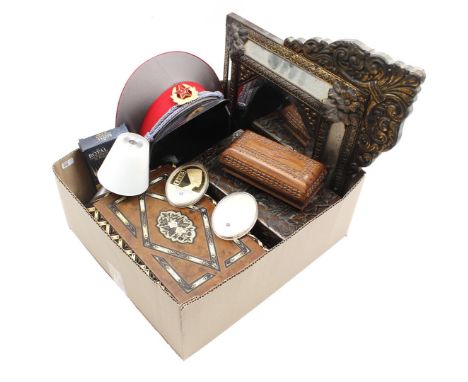 Box of various items including a chest with rich decor including mother of pearl, Russian cap and designer lamp