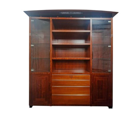 Bubinga wooden wall cabinet in Art Deco style with blackened and aluminum accents and lighting in the hood, cabinet has 4 dra