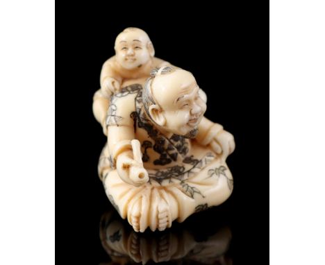 Ivory netsuke of man with pipe and child on his back, signed, with EU certificate 24NL326116/20, Japan Meiji period ca. 1910,