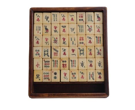 Mahjong game in teak box, 6 cm high, 21x18 cm