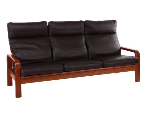Teak 3-seater sofa with removable brown leather cushions, executed by Olsen &amp; Laursen and marked on the bottom rail, Denm