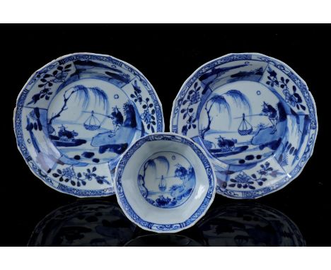 Porcelain contoured cup and 2 saucers with decoration of fisherman in landscape, China Kangxi period ca. 1720 (chips/fitting,