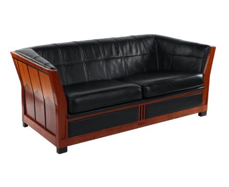 Bubinga wooden 2.5-seater sofa in Art Deco style with leather upholstery, blackened and oak accents, design Frits Schuitema m
