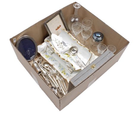 Box with crystal including carafe, glasses, French porcelain asparagus dish (edge damage) and plate