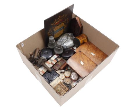 Box with various trinkets including 19th century walnut veneer tea caddy and storage box, metal owl statue etc.