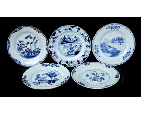 5 porcelain dishes with different blue decorations including landscape and floral at garden gate, China Qianlong period ca. 1