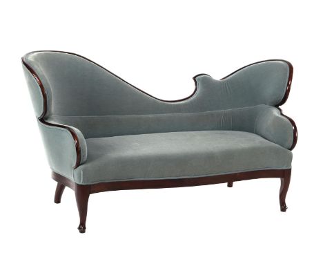Mahogany veneer sofa with blue/green upholstery, back 87 cm high, 163 cm wide