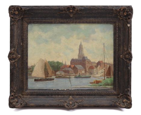 Signed Brand Evers, cityscape with boats on river in the foreground, board dated 1915, 24x30 cm