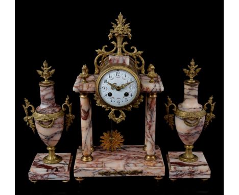 Marble pendulum clock set in Empire style, consisting of column pendulum with enamelled dial, France ca. 1860.42 cm high, 22.