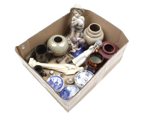 Box with porcelain figures including Spanish, Bing &amp; Grondahl, South Holland, Mobach ceramic vases, Royal Copenhagen sauc